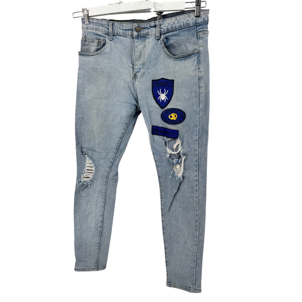 BWEROTT Mens Distressed Light Wash Jeans with Spider Patches Size 35x31